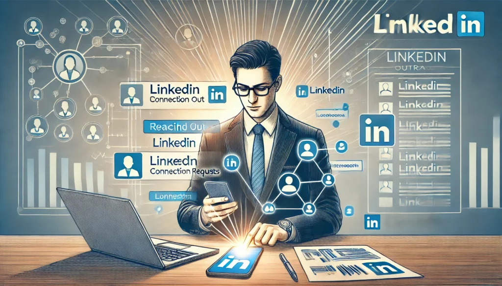 an illustration representing linkedin outreach, with a man using a phone and a laptop