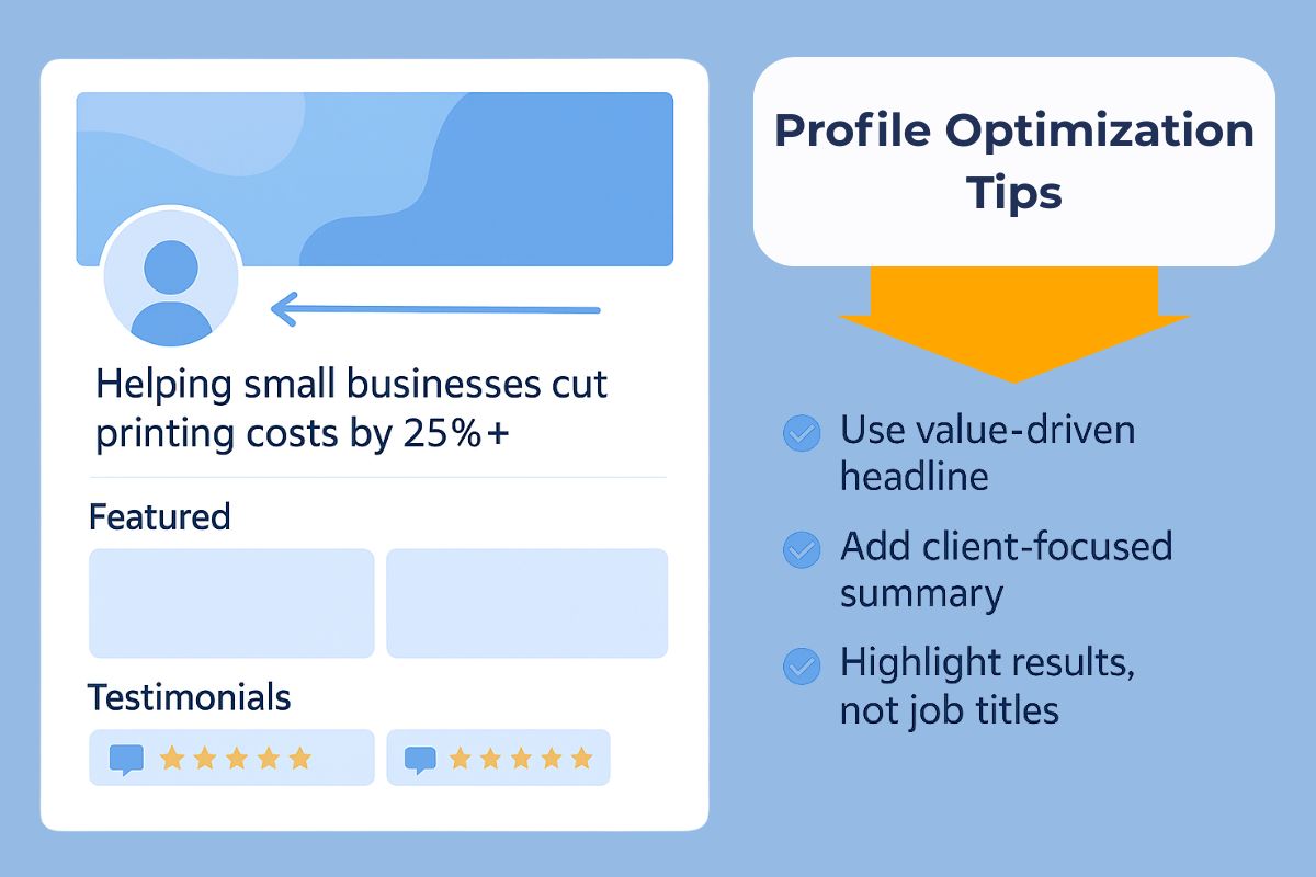 Infographic showing a mock LinkedIn profile with a value-driven headline, featured posts, and testimonials, alongside three profile optimization tips: Use value-driven headline, Add client-focused summary, and Highlight results, not job titles.