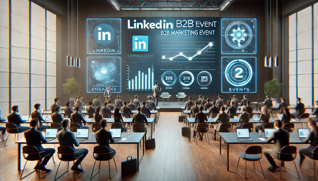 an illustration of people meeting though linkedin events, with people sitting at their desks looking at linkedin platform