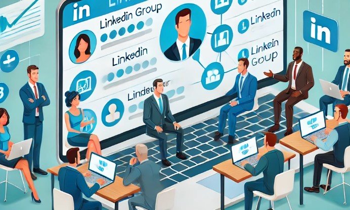 an illustration of people working online on linkedin groups for b2b