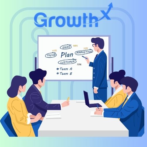 an image representing a business meeting with growth x logo, serving the purpose of presenting a linkedin analytics tool