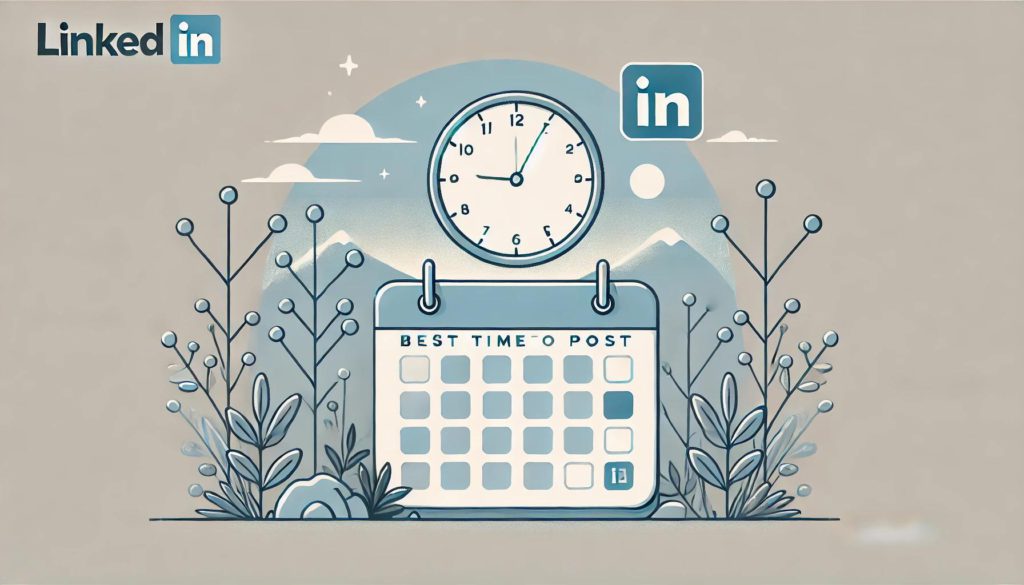 A simple landscape illustration of a calendar and clock, representing time management and the best time to post on LinkedIn.