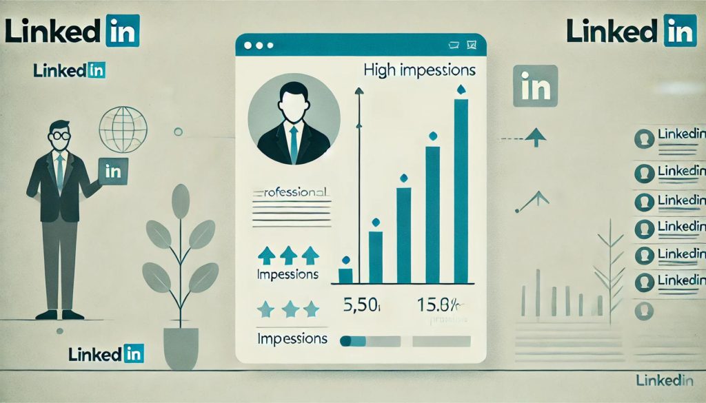 A minimalistic illustration of a LinkedIn feed showing impressions growth, with upward arrows and charts symbolizing visibility increase.