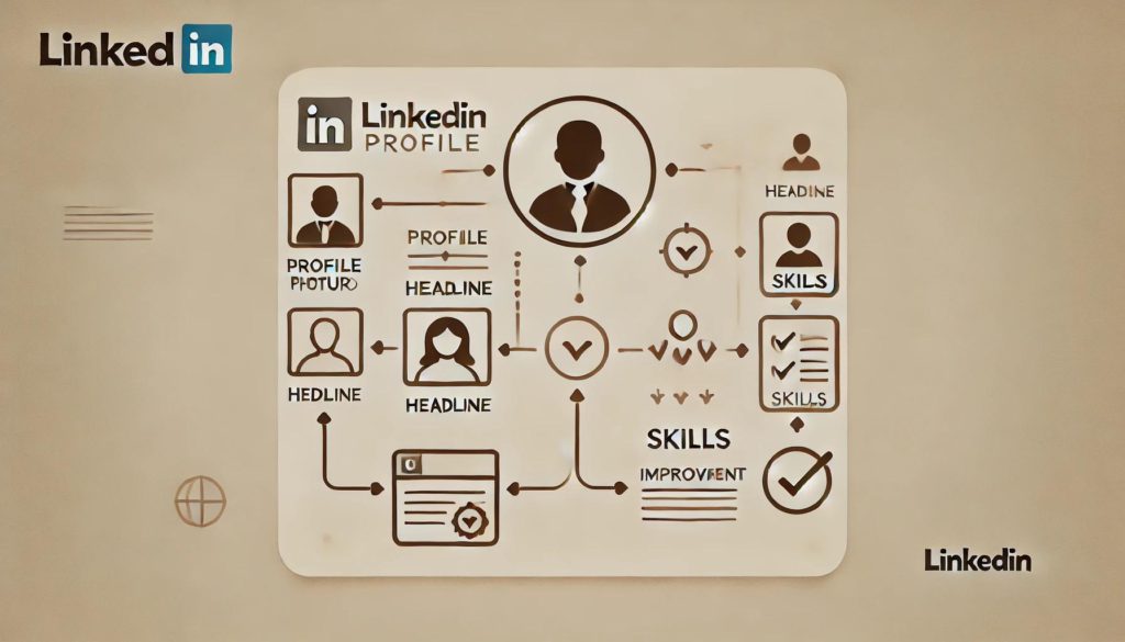 A minimalistic illustration of a LinkedIn profile being optimized, with icons representing profile details like photo, headline, and skills.