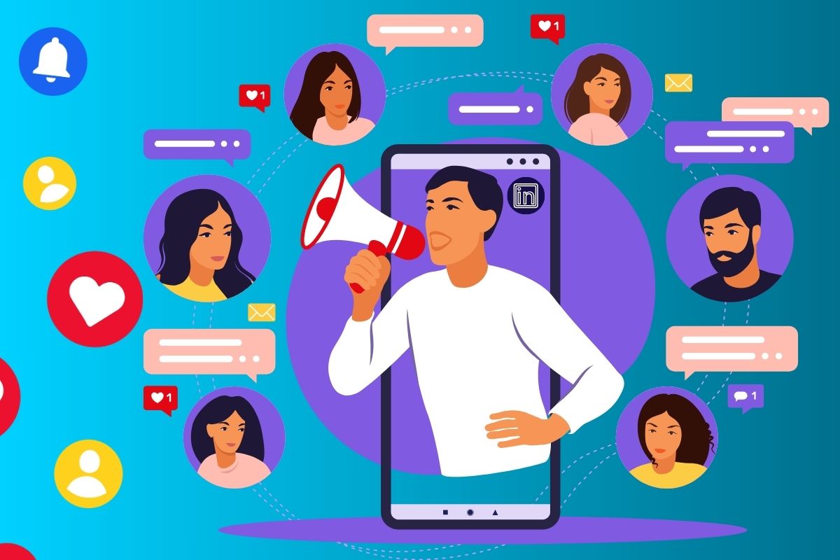 Illustration of a person using a megaphone inside a smartphone surrounded by engagement icons like comments, likes, and messages, symbolizing LinkedIn engagement and interaction with an audience.