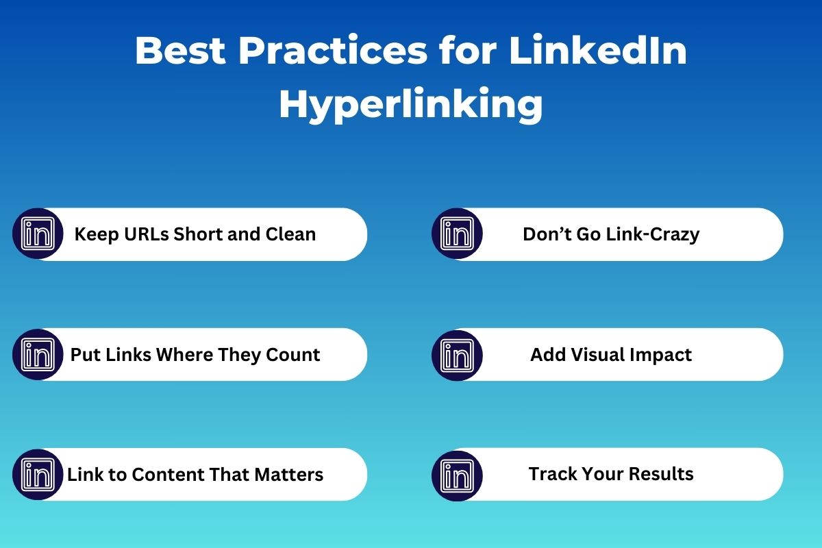 Best practices for LinkedIn hyperlinking infographic, including tips such as keeping URLs short, putting links strategically, linking relevant content, avoiding excessive links, adding visual impact, and tracking results.