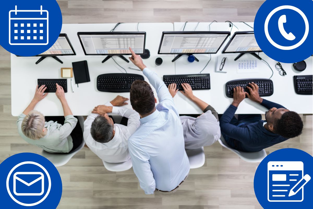Outsourced lead generation team working at computers, surrounded by icons for email, phone, scheduling, and form-based outreach