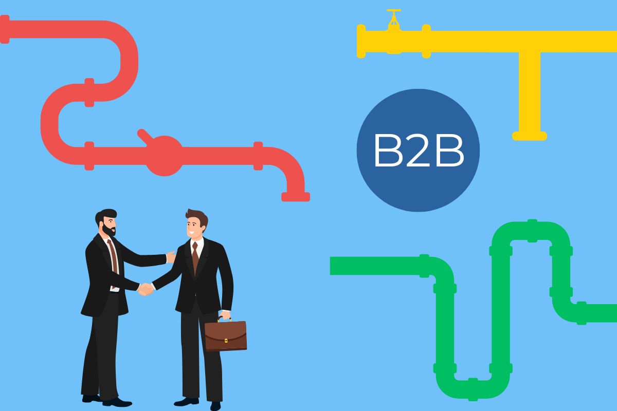 Illustration representing B2B deal closing with two business professionals shaking hands. Surrounding them are colorful pipeline graphics in red, yellow, and green, symbolizing the B2B sales pipeline process. A blue circle with 'B2B' text highlights the business-to-business context