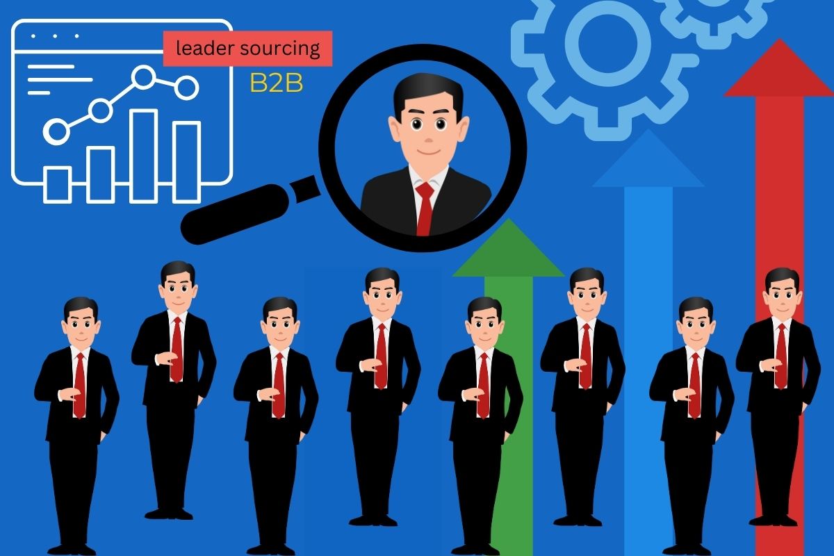 Illustration depicting lead generation with a magnifying glass highlighting a business professional among a group. The background features a digital dashboard with charts labeled 'leader sourcing,' along with upward arrows and gears, symbolizing growth and automation in sales prospecting.