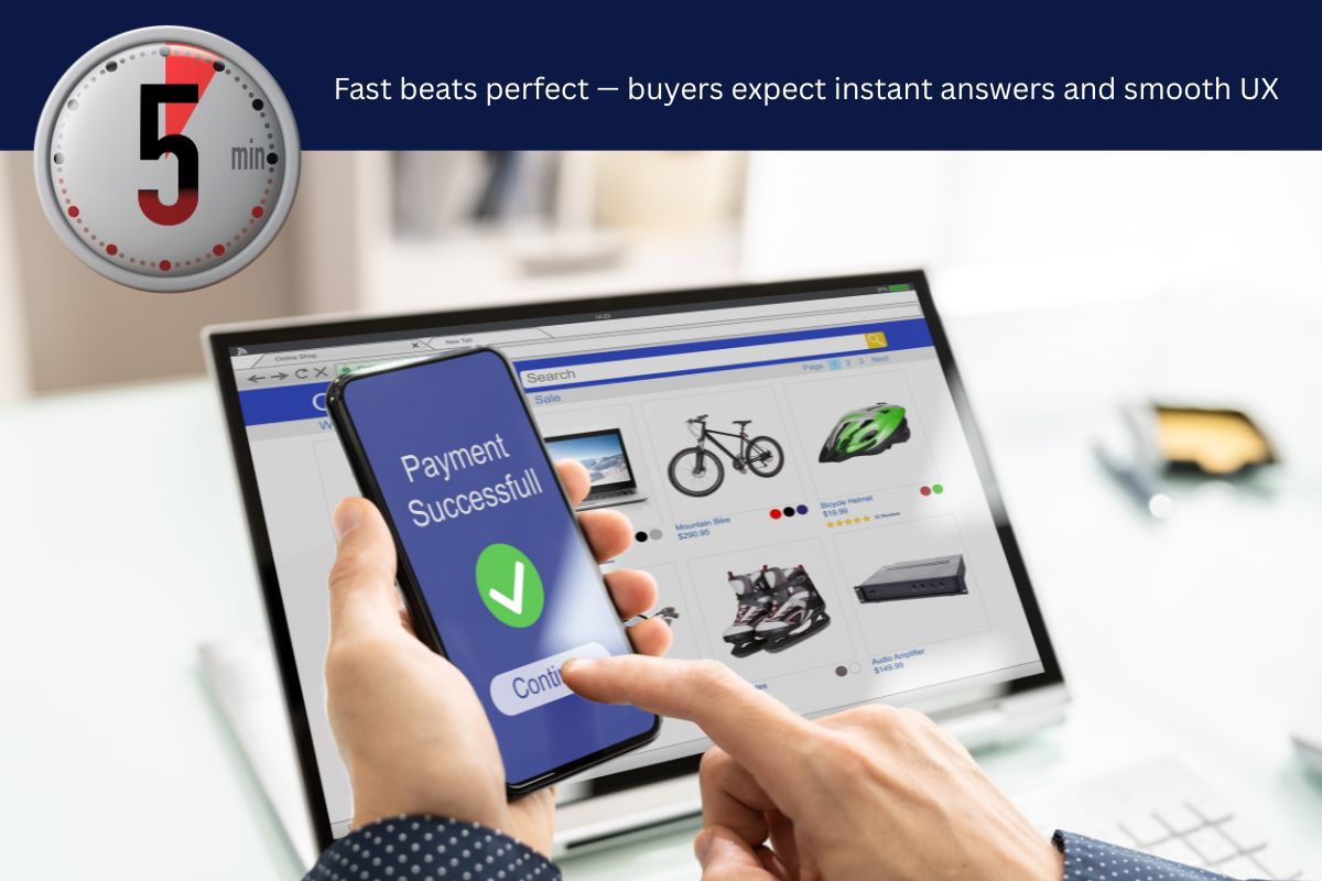User completing fast online transaction with mobile and desktop, highlighting importance of speed in B2B buyer behavior