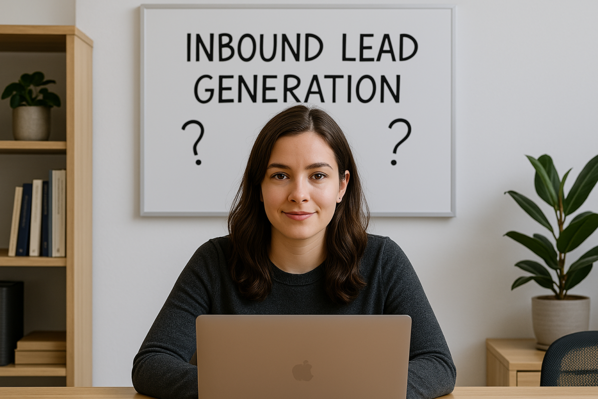 A woman working on a laptop with inbound lead generation displayed on the board behind her